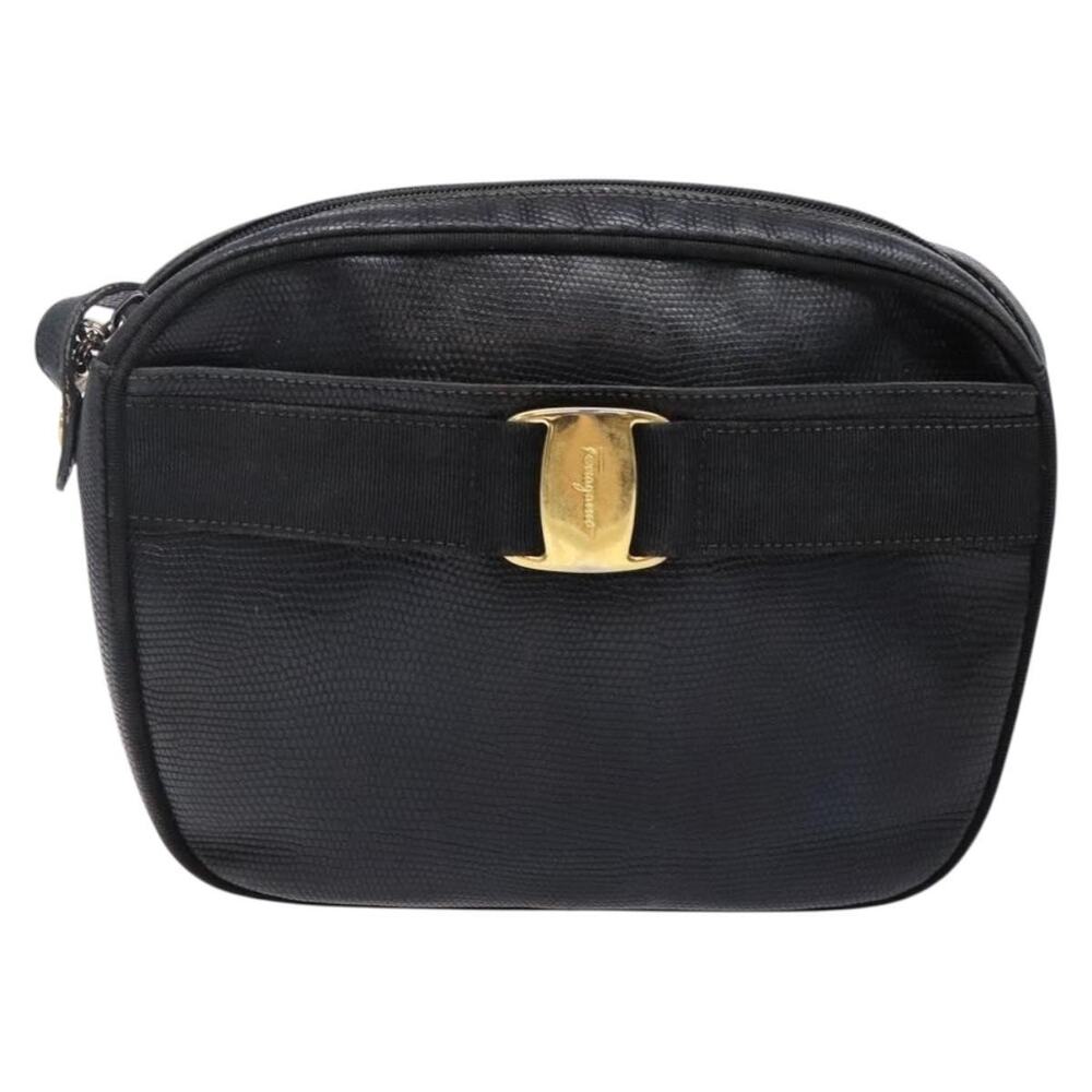 Salvatore Ferragamo Leather Embossed Vara Shoulder Bag Black